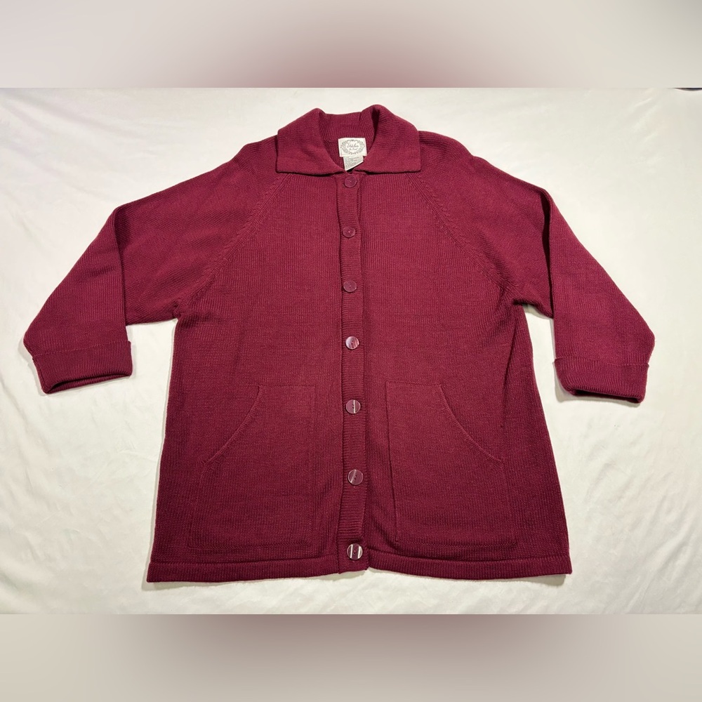 Stitches In Time Sweater XL Maroon Knit Cardigan Grannycore Cottagecore